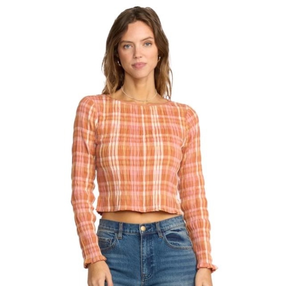 Billabong Check Me Out Smocked Plaid Crop Top Medium Long Sleeve Rust Pink